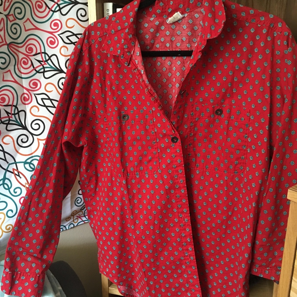 Rich Red Button up with Green Accents